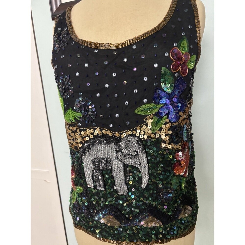 Vintage Sequin  Silk Tank  Jungle Animal 80’s Size Small Rare